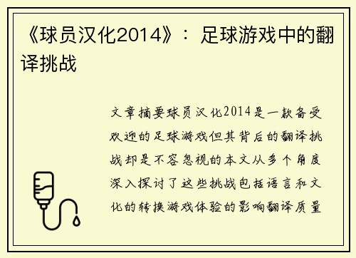 《球员汉化2014》：足球游戏中的翻译挑战