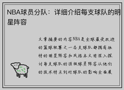 NBA球员分队：详细介绍每支球队的明星阵容